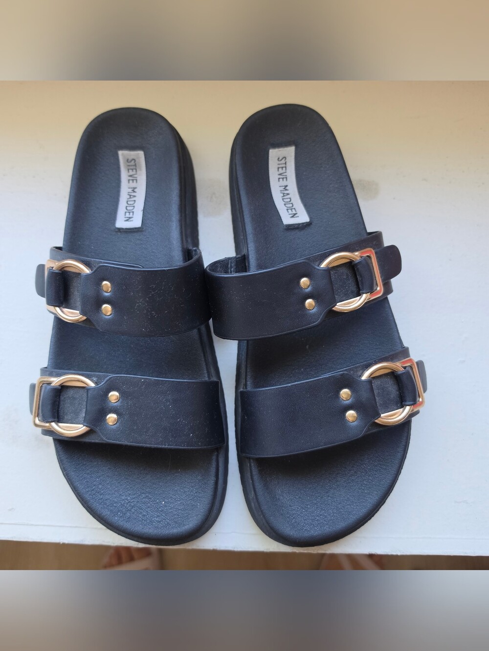 Steve Madden Black Slide Sandals with Gold Hardware